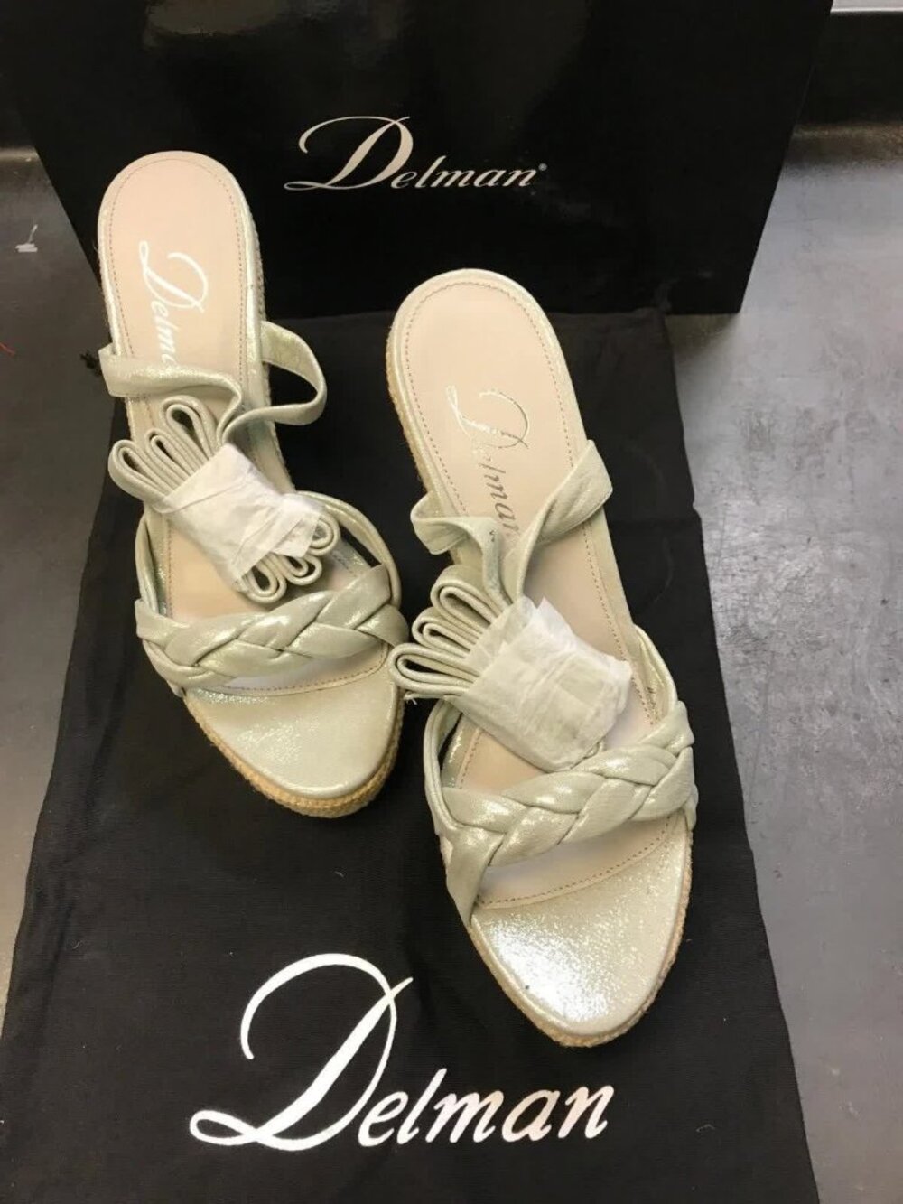 Delman Gema Seafoam Leather Strappy Wedge Sandals
